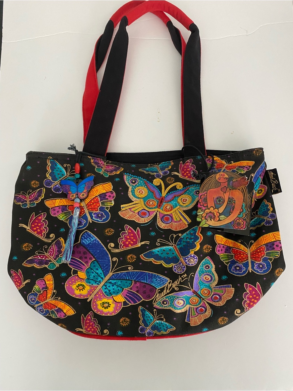 Laurel Burch Black Tote  Multicolor Butterfly Print NWT